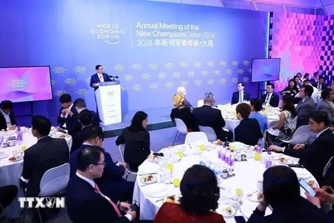 Le Premier ministre dialogue avec les grands groupes du WEF à Dalian. Photo: VNA