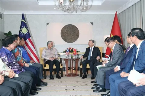 Le secrétaire général du Parti communiste du Vietnam (PCV), Tô Lâm (droite), rencontre le vice-Premier ministre malaisien, Dato' Seri Dr. Ahmad Zahid Hamidi, également ministre du Développement rural et président de l’Organisation nationale des Malais unis (UMNO), et de hauts responsables de la coalition au pouvoir en Malaisie. Photo: VNA