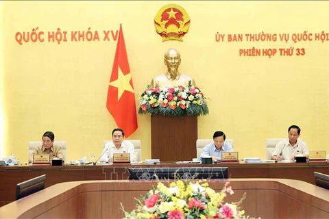 NA Permanent Vice Chairman Tran Thanh Man (second, left) addresses the session (Photo: VNA)