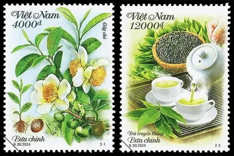 The stamps depict the life cycle of a tea tree, and the traditional tea culture of Vietnam (Photo: VNA)