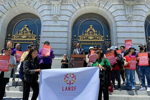 San Francisco Supervisor Shamann Walton speaks on the steps of City Hall on June 11 alongside community-based language access advocates on the topic of Vietnamese becoming an official city language. (Source: Ko Lyn Cheang/The Chronicle)