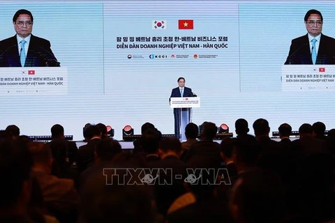Prime Minister Pham Minh Chinh speaks at the business forum in Seoul on July 1. (Photo: VNA)