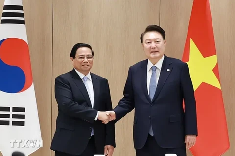 Prime Minister Pham Minh Chinh (L) meets with RoK President Yoon Suk Yeol (Photo: VNA)