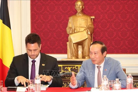 Ambassador to Belgium and head of the Vietnamese mission to European Union (EU) Nguyen Van Thao (right) speaks at the seminar. (Photo: VNA)