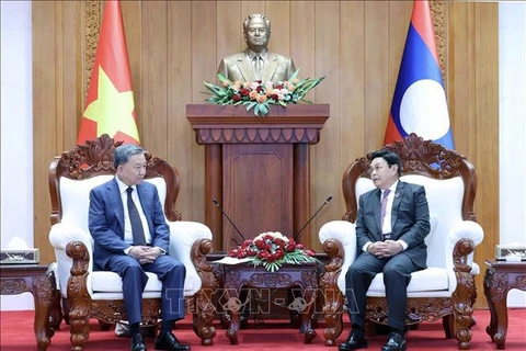 Vietnamese President To Lam (left) and Chairman of the Lao National Assembly Saysomphone Phomvihane at their meeting in Vientiane on July 11. (Photo: VNA)