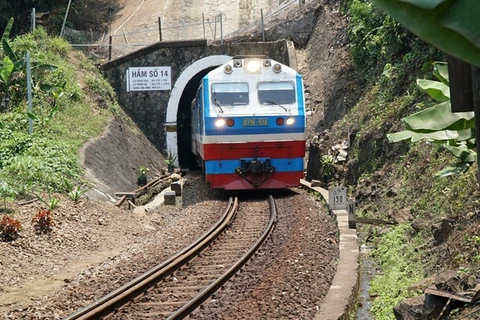 A train goes through the Hai Van Mountain Pass in Da Nang central city. (Photo: VNA)