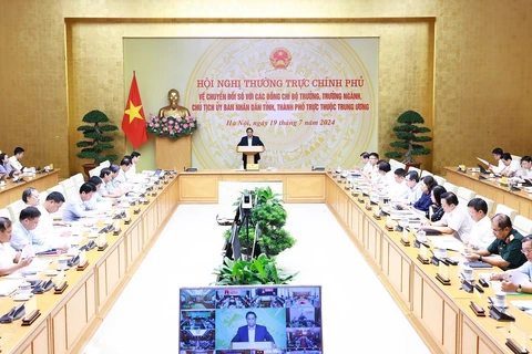 PM Pham Minh Chinh chairs the Government’s hybrid conference with ministers, heads of sectors and chairmen of the People’s Committees of centrally-run cities and province. (Photo: VNA)