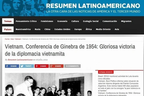 The article about the 1954 Geneva Agreement on the Cessation of Hostilities in Vietnam on Argentina’s Resumen Latinoamericano newspaper. (Photo: VNA)