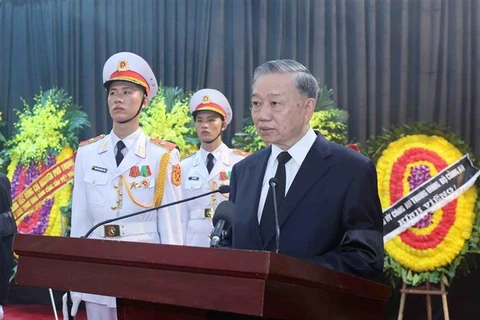 Comrade To Lam, Politburo member and President of the Socialist Republic of Vietnam, delivers an eulogy at the memorial service for General Secretary of the Communist Party of Vietnam Central Committee Nguyen Phu Trong in Hanoi on July 26. (Photo: VNA)