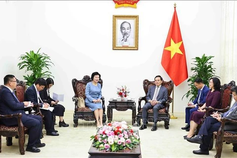 Deputy Prime Minister Tran Luu Quang (right, centre)) receives Chairwoman of Sailun Group and the Sailun Vietnam Ltd Company Liu Yanhua in Hanoi on July 29. (Photo: VNA)