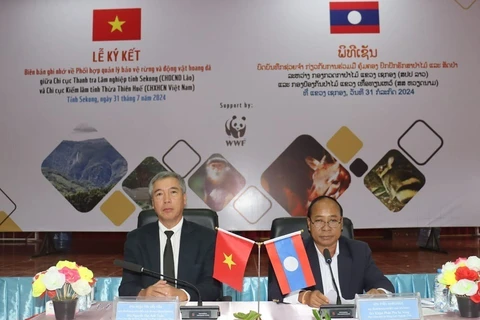 At the signing ceremony of the cooperation deal between the forest protection bodies of Vietnam’s central province of Thua Thien - Hue and Laos’ southern province of Sekong. (Photo: VNA)