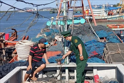 A border guard soldier inspects the installation of the vessel monitoring system (VMS) on a fishing vessel at Cat Lo fishing port. (Photo: VNA)