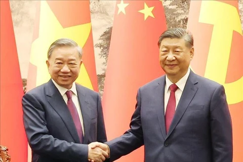 Party General Secretary and State President To Lam (L) shakes hands with his Chinese counterpart Xi Jinping (Photo: VNA) 