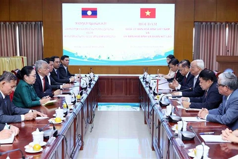 An overview of the talks between Chairman of the Vietnam Peace Committee Uong Chu Luu and Lao National Assembly Vice Chairman and Chairman of the Lao Committee for Peace and Solidarity Sommad Pholsena (Photo: VNA)