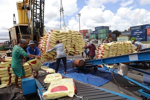 Vietnamese rice is being loaded for transport at a seaport in HCM City. (Photo: VNA)