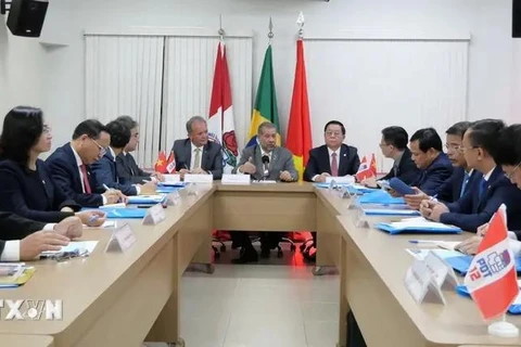 Nguyen Trong Nghia (six from right), Politburo member and Secretary of the Party Central Committee, holds a working session with President of the Democratic Labour Party Carlos Lupin. (Photo: VNA)