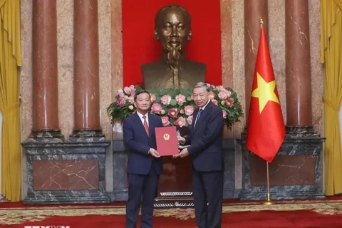 General Secretary of the Communist Party of Vietnam Central Committee and State President To Lam hands over an appointment decision to Vietnamese Ambassador to Laos Nguyen Minh Tam. (Photo: VNA)