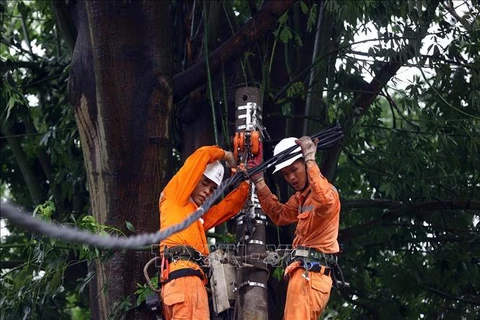 Workers from Hai Ba Trung Electricity in Hanoi fix an incident on medium voltage lines on Han Thuyen Street on September 8. (Photo: VNA)