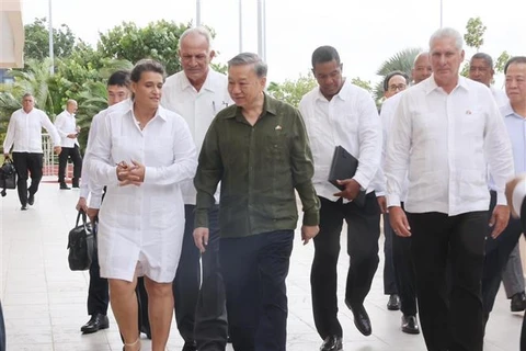 General Secretary of the Communist Party of Vietnam Central Committee and State President To Lam (C) and First Secretary of the Communist Party of Cuba Central Committee and President of Cuba Miguel Diaz Canel Bermudez (R) visit the ZEDM. (Photo: VNA)