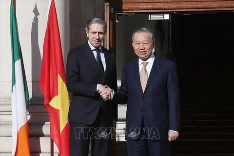 Party General Secretary and State President To Lam (R) and Irish Prime Minister Simon Harris at their meeting in Dublin on October 3. (Photo: VNA)