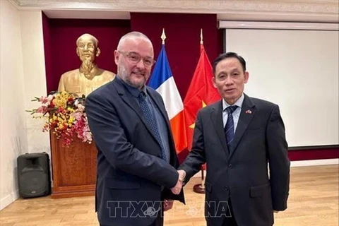 Secretary of the Communist Party of Vietnam (CPV) Central Committee and Chairman of the CPV Central Committee's Commission for External Relations Le Hoai Trung (R) and National Secretary of the Socialist Party for International Relations of France Dylan Boutiflat. (Photo: VNA)