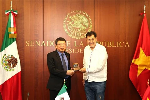 The President of Mexican Senate Gerardo Fernández Noroña (right) presents a souvenir to newly appointed Ambassador Nguyen Van Hai (Photo: VNA)