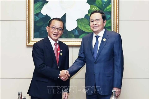 National Assembly Chairman Tran Thanh Man (R) meets with his Singaporean counterpart Seah Kian Peng in Vientiane on October 19 (Photo: VNA)