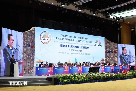 NA Chairman Tran Thanh Man speaks at the first plenary session of AIPA-45 (Photo: VNA)