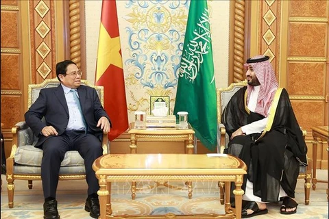 Prime Minister Pham Minh Chinh (L) meets with Saudi Arabia's Crown Prince and Prime Minister Mohammed bin Salman bin Abdulaziz Al Saud in Riyadh on October 29 (local time) (Photo: VNA)