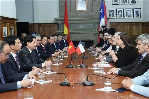 State President Luong Cuong receives President of the Socialist Party of Chile Paulina Vodanovic in Santiago on November 10. (Photo: VNA)