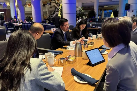 Minister of Industry and Trade Nguyen Hong Dien (centre) at a meeting with Singapore’s Deputy Prime Minister and Minister for Trade and Industry Gan Kim Yong (Photo: VNA)