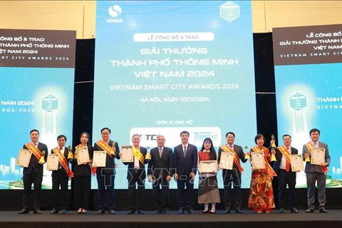 Representatives of 10 cities receiving the Smart City Award 2024. (Photo: VNA)