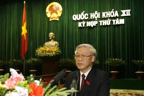 El secretario general del PCV, Nguyen Phu Trong, pronuncia un discurso en la clausura del octavo período de sesiones de la Asamblea Nacional de la XII legislatura. (Foto: VNA)