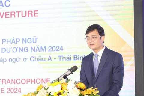 El primer secretario del Comité Central de la UJCHCM, Bui Quang Huy, interviene en la cita. (Foto: VNA)