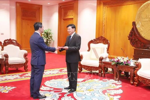 El embajador vietnamita en Vientiane, Nguyen Minh Tam, presenta sus cartas credenciales al secretario general del Partido Popular Revolucionario y presidente de Laos, Thongloun Sisoulith. (Foto: VNA)