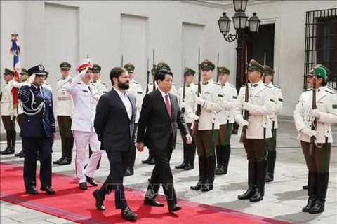 El presidente vietnamita, Luong Cuong (derecha), y su homólogo chileno, Gabriel Boric Font, pasan revista a la guardia de honor en Santiago. (Foto: VNA)