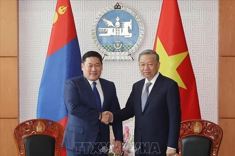 Le secrétaire général du Parti communiste du Vietnam et présidentTo Lam (droite) et le Premier ministre de Mongolie Luvsannamsrain Oyun-Erdene. Photo : VNA