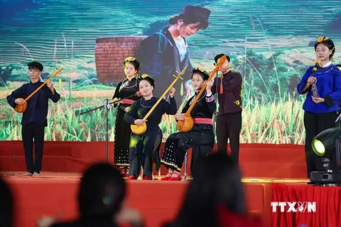 Le chant then, un genre musical distinctif des ethnies Tày, Nùng et Thai des provinces du Nord-Ouest, a un rôle important dans la vie de ces dernières. Photo : VNA