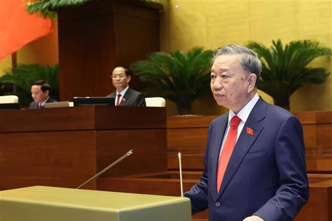 越南国家主席苏林在就职仪式上发表讲话。图自越通社