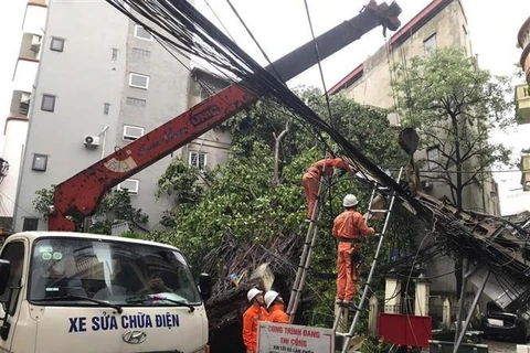 The power sector's workers are restoring electricity grid ruined by the typhoon. (Photo: VNA)