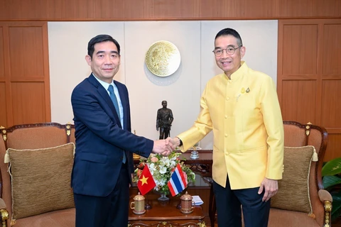 泰国外交部长马立斯·萨年蓬与越南驻泰国大使范越雄。图自越通社