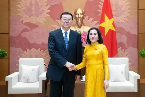 越南国会副主席阮氏青会见了新疆维吾尔自治区党委副书记、乌鲁木齐市委书记张柱。图自越通社