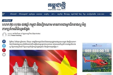 An article about Vietnam-Cambodia relations on Kampuchea Thmey Daily. (Photo: VNA broadcasts) 