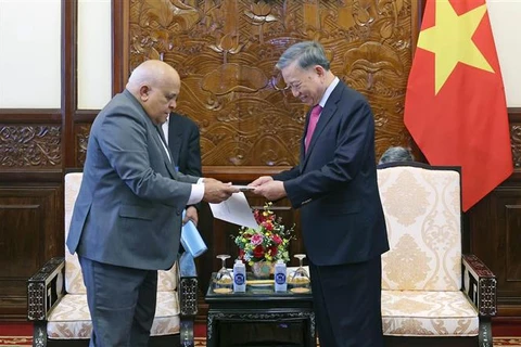 Cuban Ambassador to Vietnam Orlando Nicolas Hernandez Guillen (left) hands over letters of congratulations from Cuban leaders to President To Lam. (Photo: VNA)