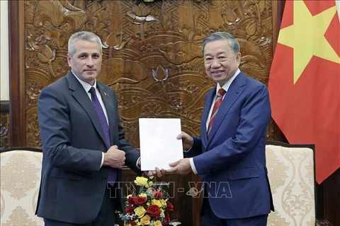 Ambassador of the Republic of Belarus to Vietnam Uladzimir Baravikou (left) hands over to President To Lam a congratulation letter from the President of Belarus. (Photo: VNA)