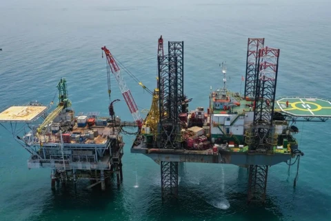 The Pertamina Hulu Energi (PHE) Offshore North West Java (ONWJ) oil and gas rig is pictured on April 2, 2023, in the waters off Indramayu, West Java. (Photo: Antara) 