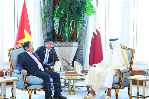 Vietnamese Prime Minister Pham Minh Chinh (L) meets with Emir of Qatar Sheikh Tamim Bin Hamad Al Thani in Doha on October 31. (Photo: VNA)