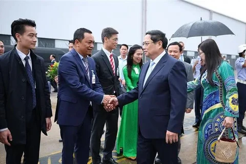 Staff of the Vietnamese Embassy in Brazil welcome Prime Minister Pham Minh Chinh and his spouse in Rio de Janeiro. (Photo: VNA)