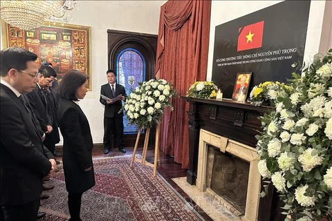 Todos los funcionarios de la Embajada y agencias representativas de Vietnam en Argentina, encabezados por la embajadora Ngo Minh Nguyet, guardan un minuto de silencio en memoria del líder partidista. (Fuetne: VNA)