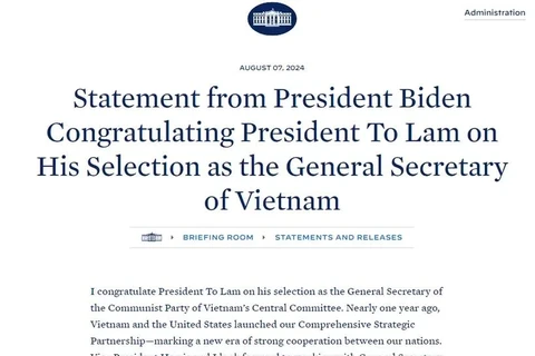 El presidente de EE.UU., Joe Biden, felicita al secretario general del Partido Comunista y presidente de Vietnam, To Lam, en el sitio web de la Casa Blanca.